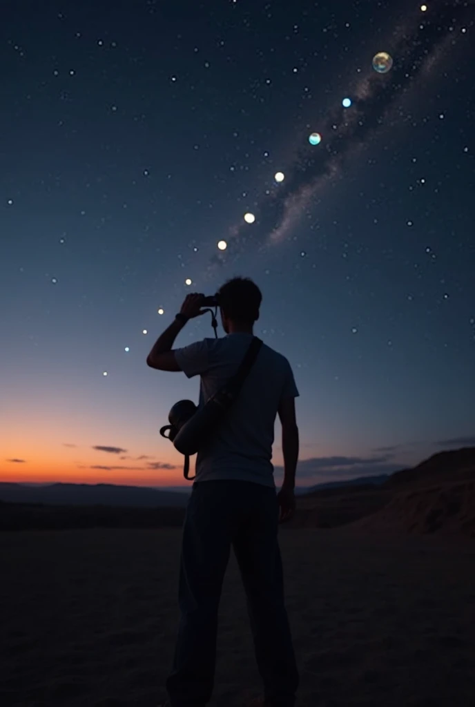 A high-resolution photograph showing a person in the foreground, on the back, observing a rare alignment of seven planets in the sky. The environment is an open and dark area, without urban lights, Just after sunset. On the horizon, there is still a soft o...