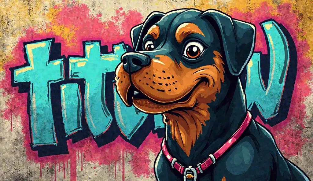 Create me a full picture in very stylish street art mode with a Rottweiler in Catoonn fashion in it on the right side and the nickname PtiTrottw just before