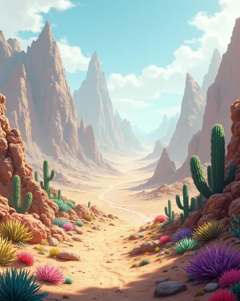 A beautiful whimsical landscape of a desert with bare mountains and cactuses.