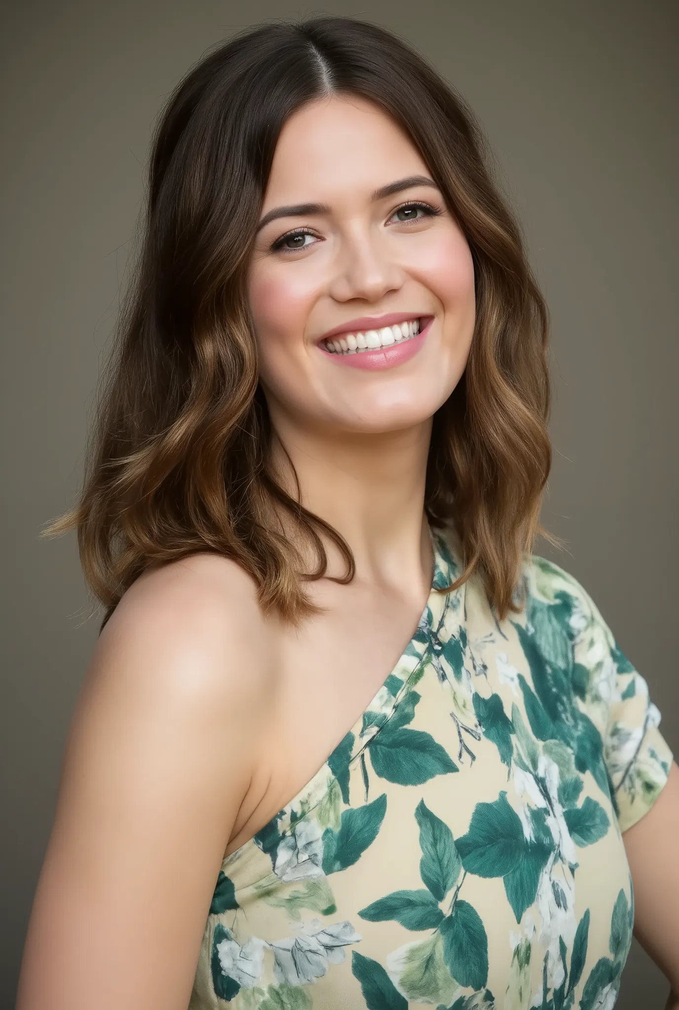 best quality, highres, 8k, masterpiece, photography, detailed midbody photorealistic portrait. Mandy Moore wears a pastel-colored qipao with floral patterns, reminiscent of her style in This Is Us. The fabric is a lustrous emerald green silk with subtle si...