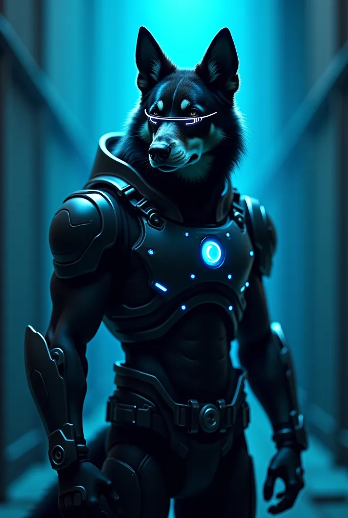 A futuristic dog character in sleek black armor with glowing blue accents, standing in the shadows. He has a high-tech visor on one eye and short black hair. Around him, a dark, faint blue light illuminates his silhouette. The character radiates a mysterio...