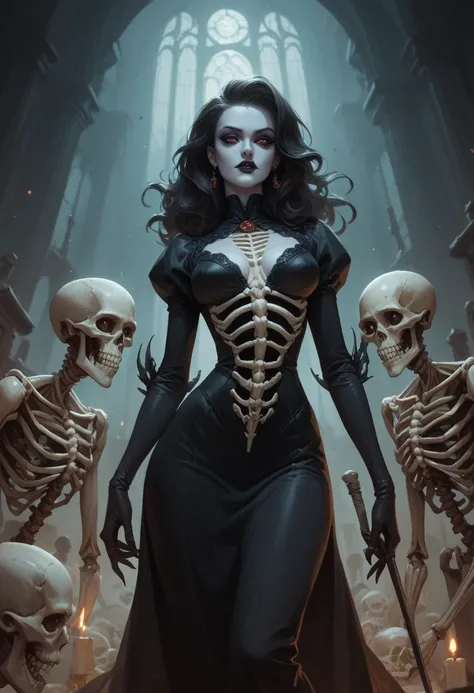 Female skeleton, underworld background