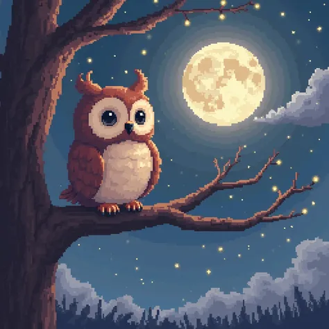 Create a cozy pixel art image of a wise owl perched on a sturdy tree branch under the soft glow of a full moon. The scene should have a calm, dreamy atmosphere with deep blues and purples in the sky, accented by gentle moonlight. The owl should have warm, ...