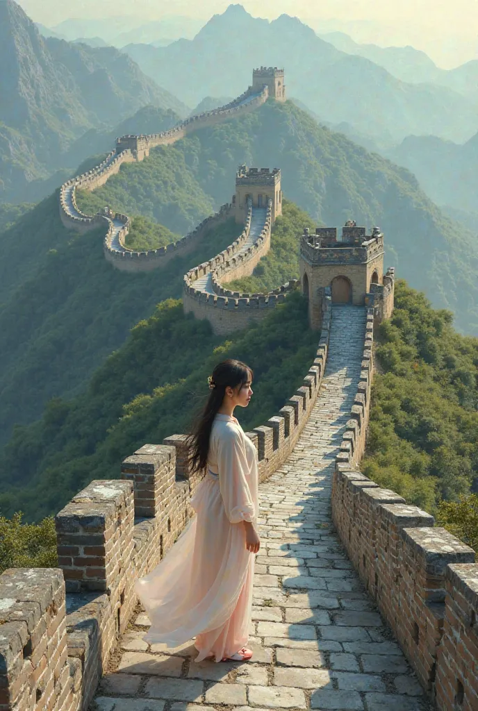 Generate image of the great Wall of China with a beautiful girl