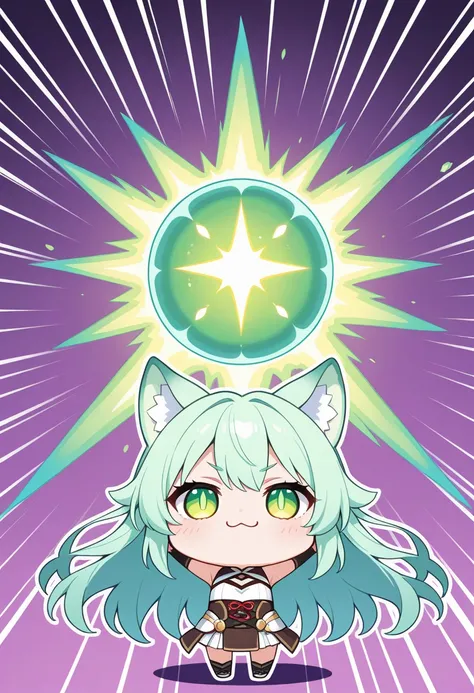 source_anime,(chibi:1.2),A vibrant and energetic chibi-girl with a confident expression is performing a powerful energy attack, similar to the Spirit Bomb.(:3,slit eyes), She stands with her arms raised high, gathering a massive glowing energy sphere above...