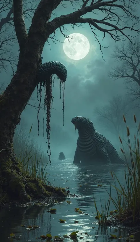 In a moonlit swamp, a massive leech clings to a gnarled tree while a bloated swamp beast lumbers through the murky water. Their eyes lock—one drawn by hunger, the other by territorial instinct—as the mist thickens and distant croaks echo through the reeds.