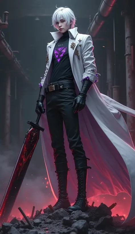 Imagine a man standing on top of a pile of s he is tall, shoulder length white hair, has a large black sword with purple details in his hand and wears a white overcoat, black bodysuit with a purple triangle in the middle of the chest, dress pants and black...