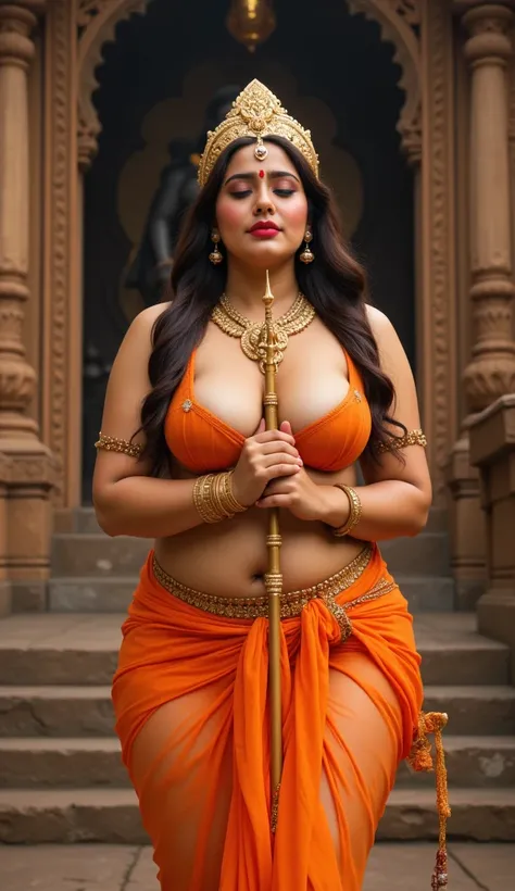 Beautiful Hindu Milf goddess , 3 5 feet 8 inches tall ,Thick thighs , Big Bubble butt, Big breasts,36D 30 36 figure wearing orange transparent gown,bare waist ,Waist jewellery necklace, bangles and crown with a Hindu temple and ancient sex statue idol in b...