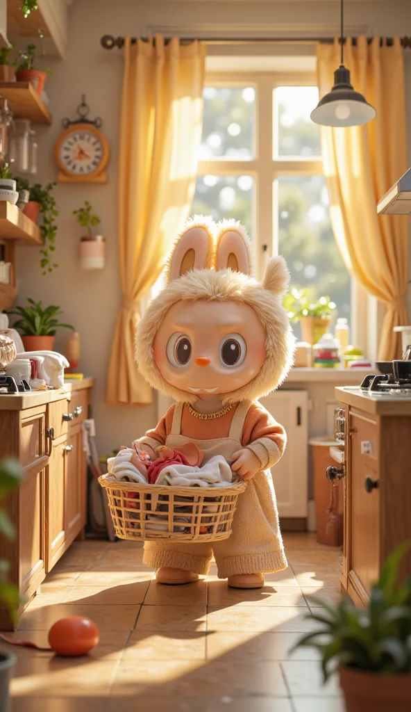 A cheerful cartoon character, Labubu, wakes up early with a big smile. He sees his mother struggling with household chores and quickly rushes to help. He carries a small basket of laundry, neatly folding clothes while smiling. The kitchen is warm and cozy,...