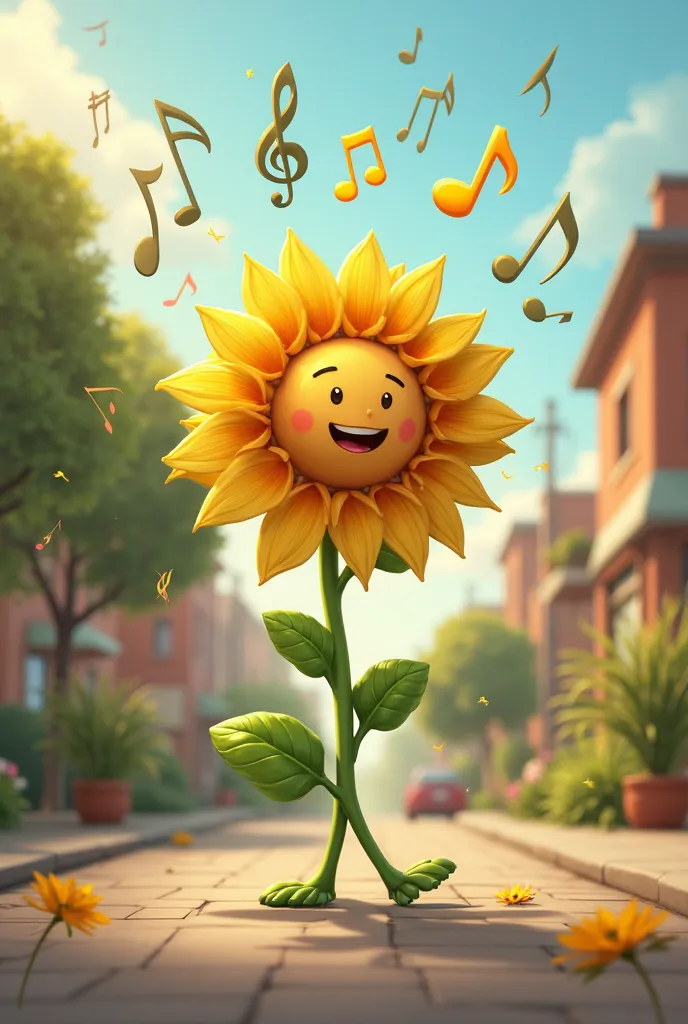 A sunflower plant student from PVZ is happily walking from school, Music symbols rising in the air