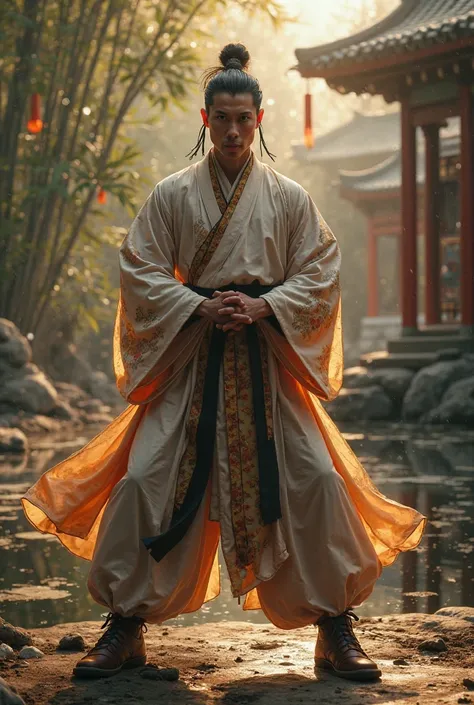 a man in chinese martial arts costume, standing in a traditional chinese garden with bamboo trees, pagodas, koi pond, detailed facial features, focused expression, powerful martial arts pose, 8k, ultra-detailed, photorealistic, professional digital art, ci...