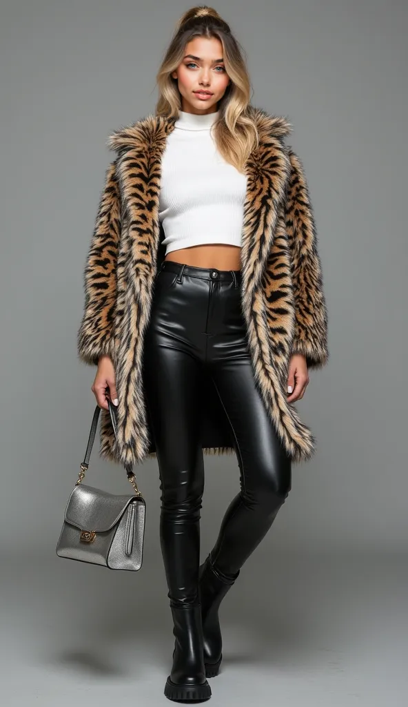 (((eye level shot))), (((full body))), ((front view)), Beautiful Latina girl, (((blonde low ponytail))), soft curls, 20 years old, light tanned, ((looking at camera)), ((((playful smiling)))), dressed in (((Fluffy Clasp Coat with Zebra Print))), ((( White ...