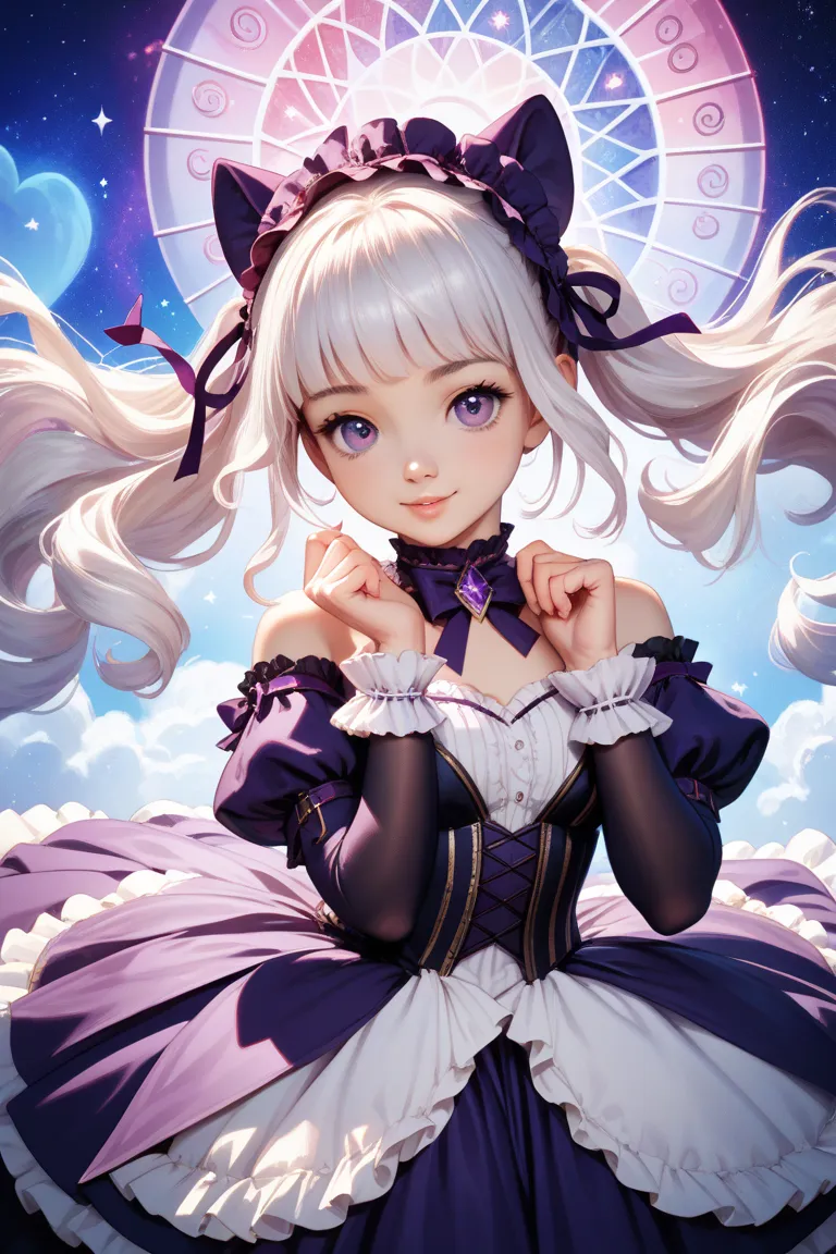 half twins, round white hair,、Beautiful purple eyes 、The clothes are cute Lolita clothes,、put on a piece with arms raised, and energetic pose