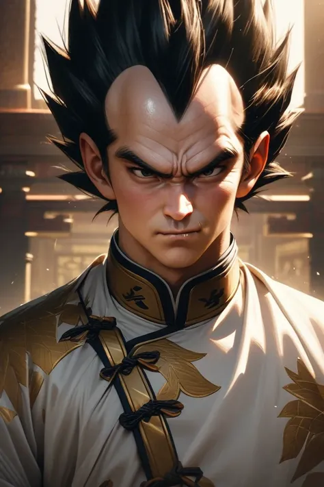 Vegeta, Dragon Ball ,  Broken Lips, smile, shy,  looks good,, the royal family, masterpiece, is so beautiful, white bathrobe from underfoot,Large muscles, Chinese clothes