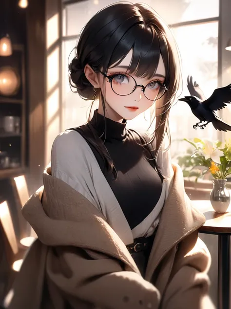 A young woman with raven black hair, long hair, bangs, beautiful, wearing glasses like a Korean girl.