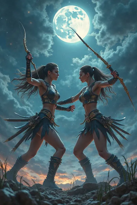 The zodiac sign is twin if you were twin warrior girls against the background of the night full face