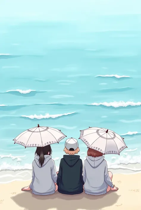 three girls sitting near the sea holding white umbrella and wearing white and black hoodie and cap 