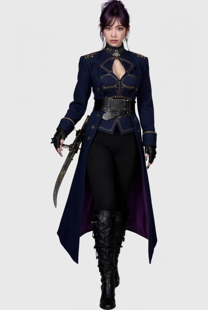 Dark purple hair tied with a bun, long black nails and sharp, holding a sword. She wears an aristocratic or noble uniform. The costume consists of: Dark blue coat with a long tail, with high collar and gold details embroidered in geometric and ornamental p...