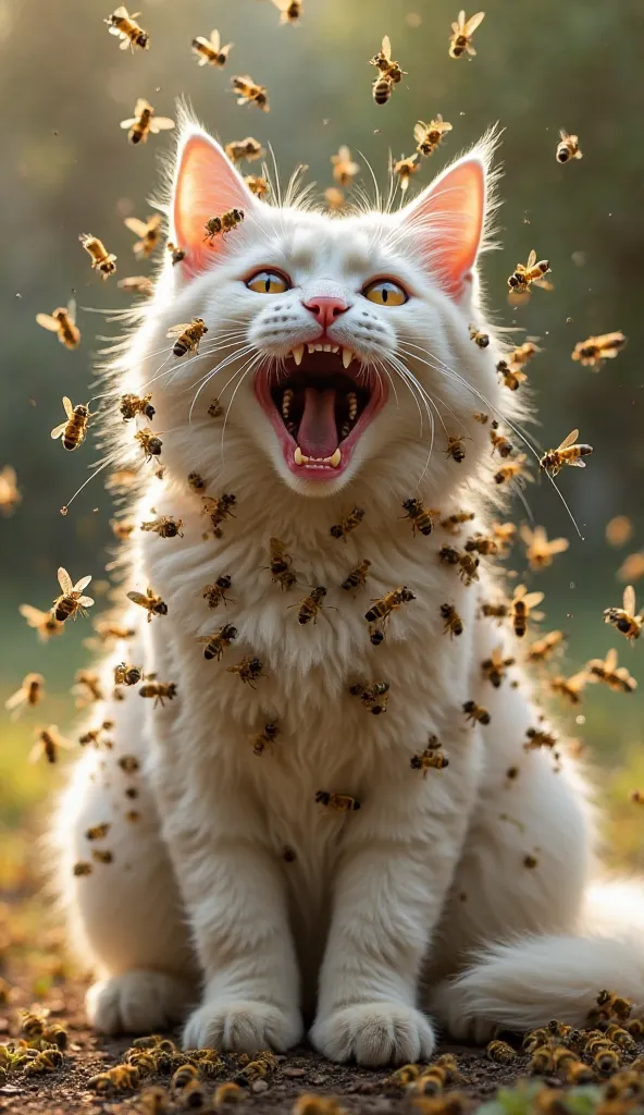 "A fluffy white cat is sitting on the ground, completely covered in bees. The bees are swarming all over its body, clinging to its fur, head, and tail. Some bees are flying around, while others are crawling on its face and paws. The cat’s eyes are wide ope...