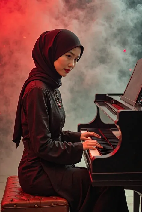 Looks from afar very pretty Korean woman wearing elegant black sar'i clothing red combination,wearing a hijab while sitting on a bench,his hand plays the piano in front of his,visible puffs of colorful smoke on all sides,visible music notes floating in the...