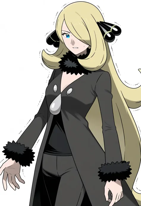  score_9,  score_8_up,  score_7_up, animated screen capture with trembling legs extended, BREAK
1girl,  Cynthia \( Pokémon\), blond hair,  hair over one eye , very long hair,  gray eyes,  eyelashes, hair ornaments close to the garden,
black coat, black shi...