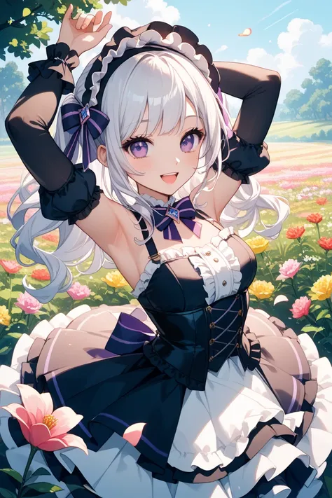 half twins, round white hair,、Beautiful purple eyes 、The clothes are cute Lolita clothes,、put on a piece with arms raised, and energetic pose、Cute VTuber illustrations、I'm in the flower field 