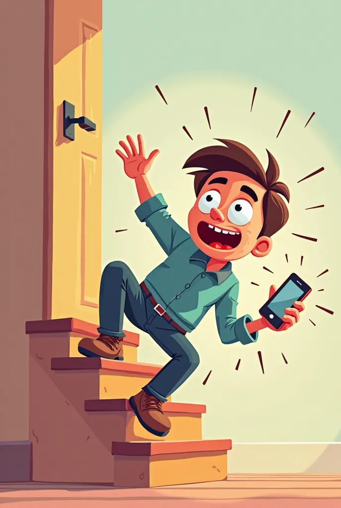 Cartoon image of someone falling down the stairs with phone in the hand