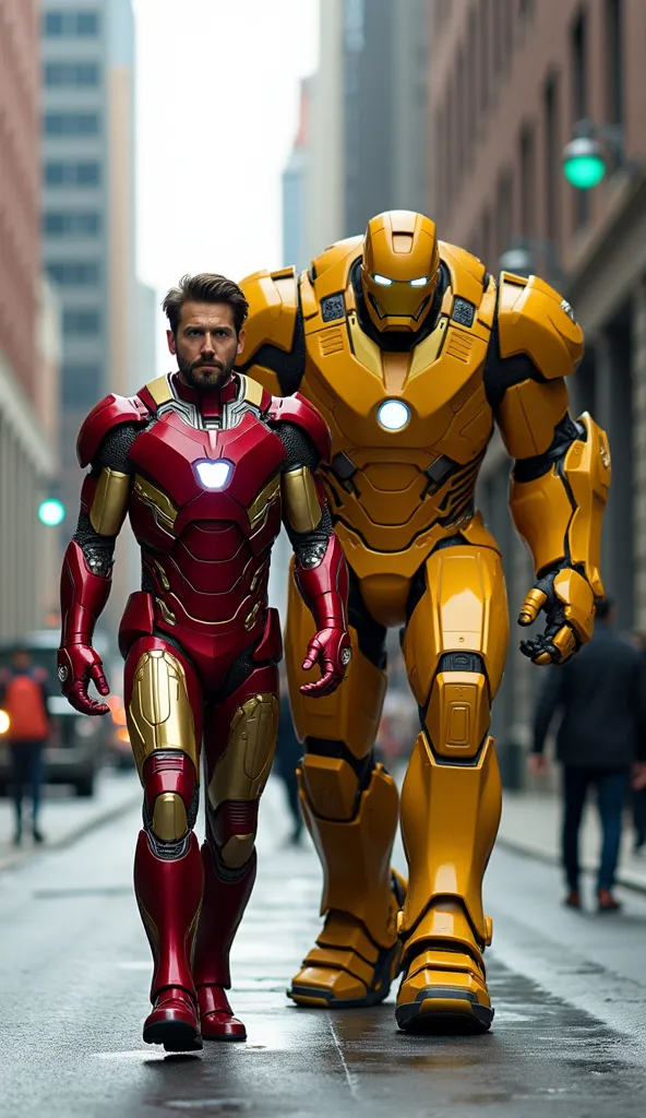 Character:

iron man dengan bodysuit merah emas ikoniknya.

Sturdy humanoid giant eagle, in bright yellow armor.


Action:

Walk forward confidently, iron man di depan, humanoid eagle on the back left.


Expression:

iron man tampak fokus dan tegas.

Human...