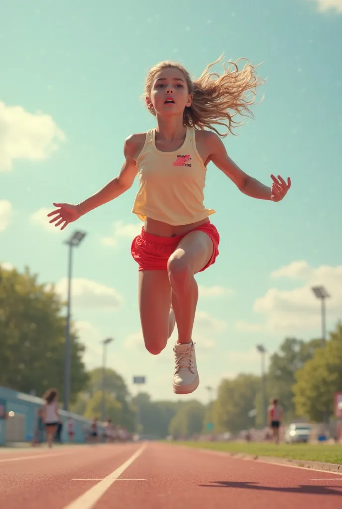 8K,top quality, high quality, realistic,ultra-detailed,very detailed,, Detail,High-quality,a cute girl,(A girl doing the long jump, walking in the air, flying in the sky),ager, track and field athlete, (outdoor track and field scene:1.2),long jump, mid-air...