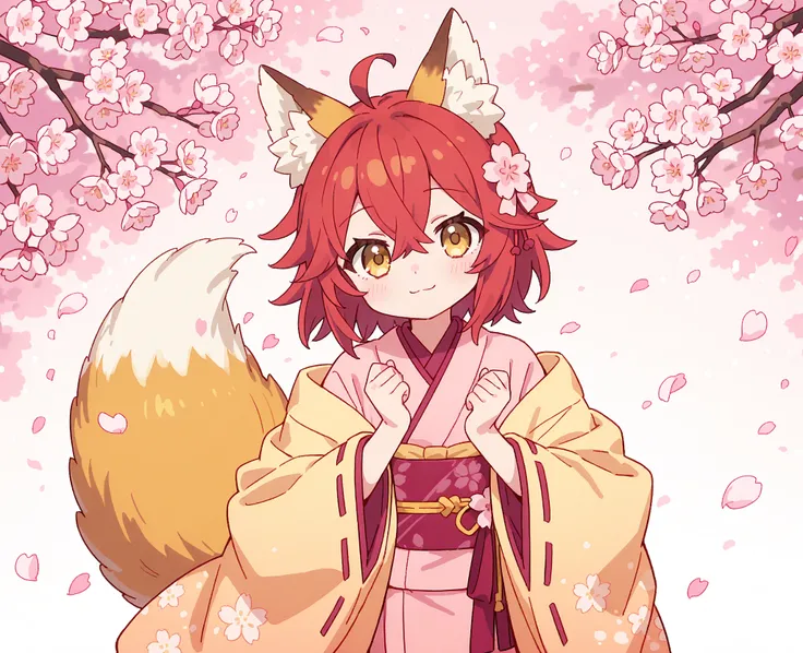 cute and cozy werewolf fox with long fluffy reddish hair, kimono with big fox ears and fluffy tails, dressed in a traditional. Her golden eyes,  the figure and soft smile create the image of a gentle and caring companion. Cherry blossoms are visible in the...