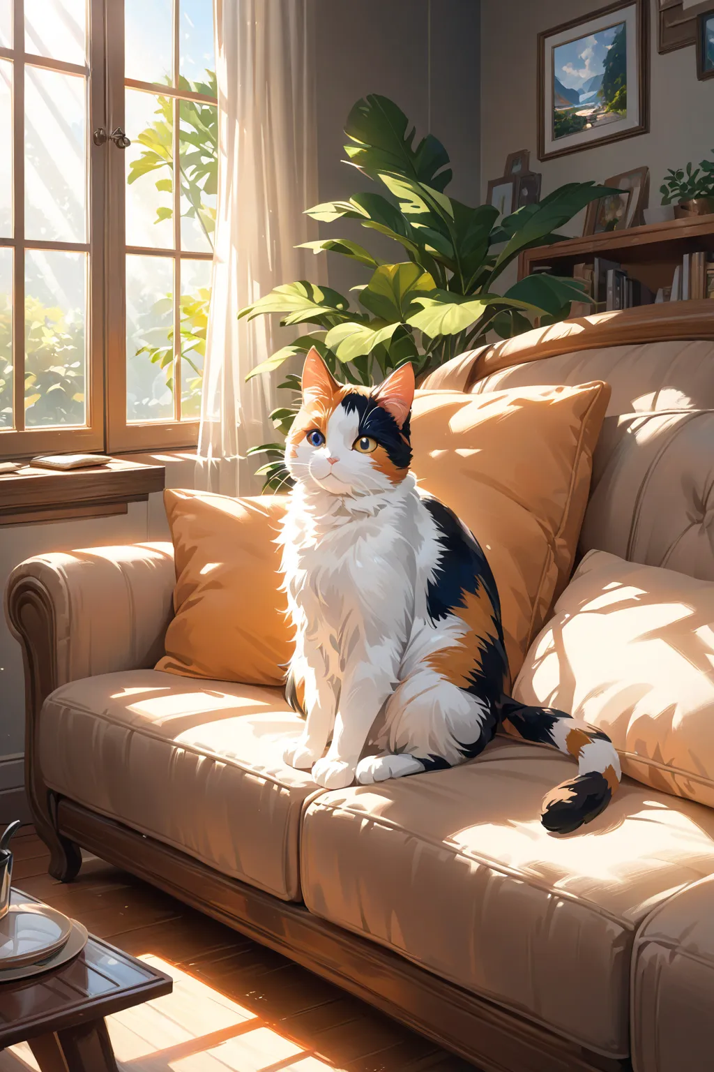 1 cat, calico, sit on sofa