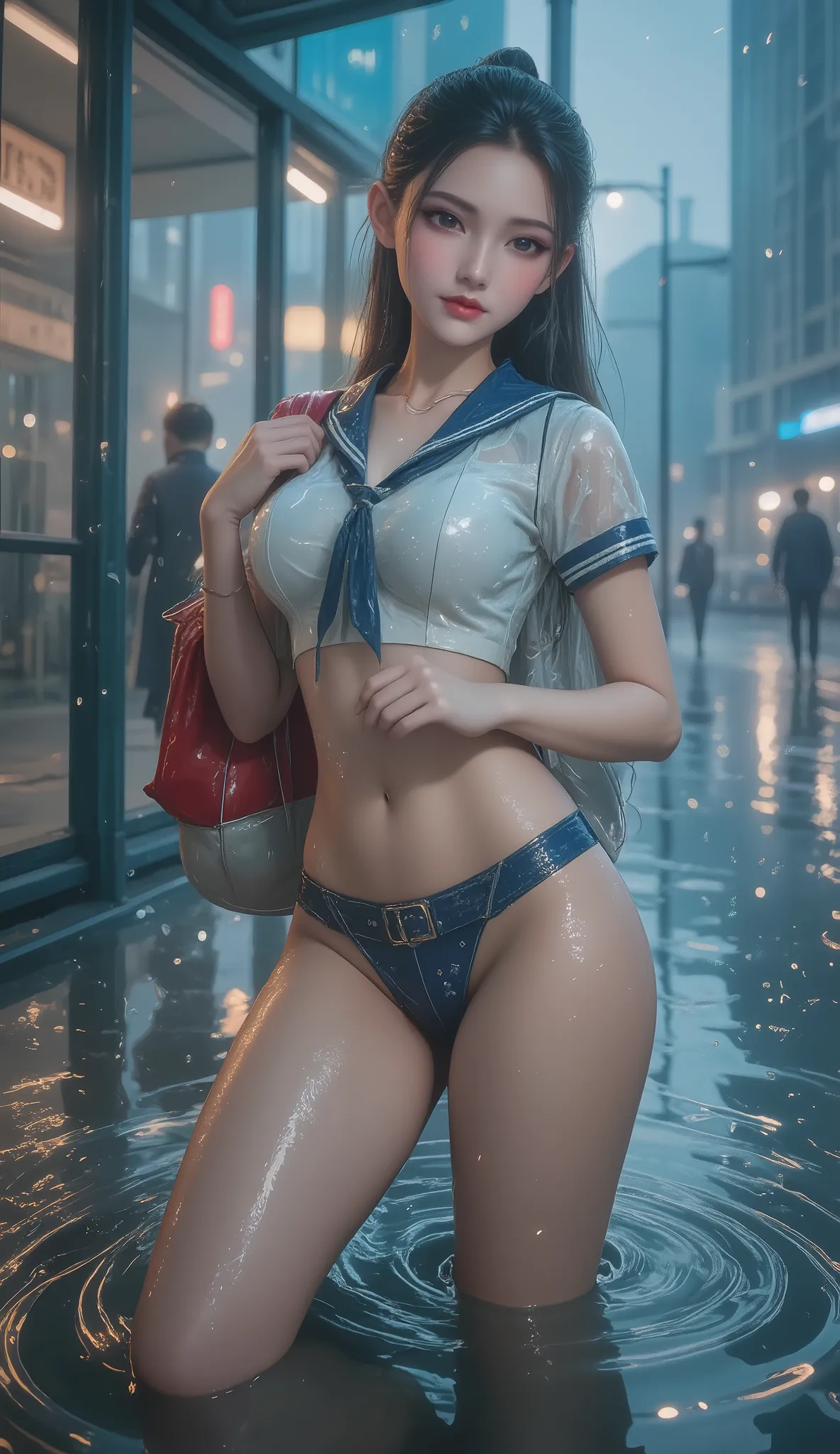 NSFW, TOP QUALITY , HD, 16k,   unbelievably ridiculous ,  very well detailed, 2.5D,   Delicate and Dynamic ,  beautiful woman,   attractive smile ,   busty high school girl , uniform、 sailor suit、、 ,  backpack,  ,  glitter effect, ((It's raining:1.3))、((My...