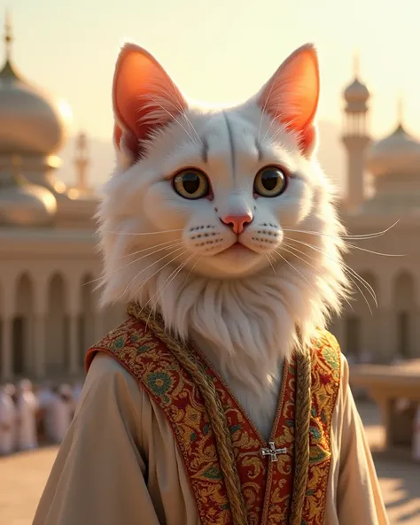 Ai realistic 4k ultra realistic white cat in sherwani muslim in madina 