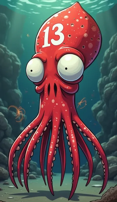 Stylish evil boss old red squid with an white "13" on the forehead, view from below, cartoon,
