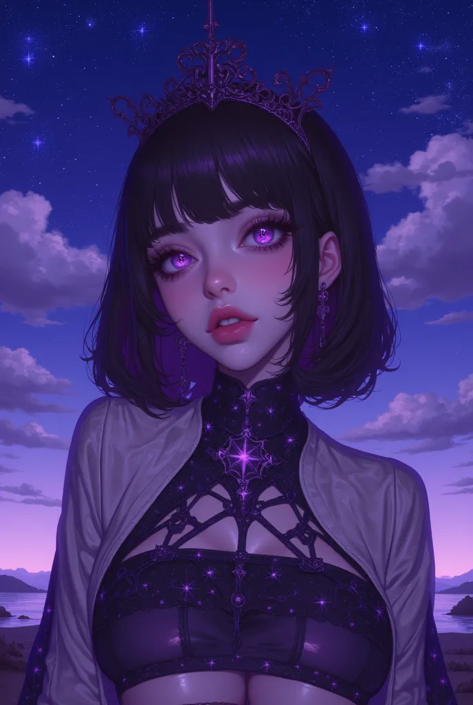 an anime character wearing stars and purple, is shown in the night sky, 1girl, solo, parted lips, purple eyes