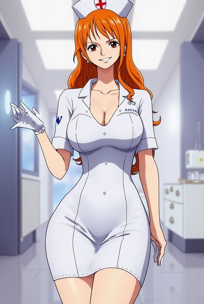 nami de one piece en tenue d'infirmière sexy avec des gants en latex et une jupe 