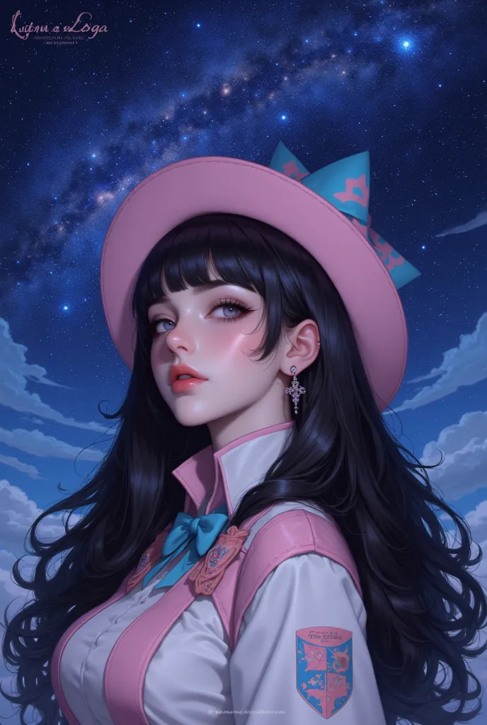 1girl, jewelry, earrings, solo, black_hair, blue_eyes, star_(sky), long_hair, hat, pink_headwear, looking_at_viewer, star_print, sky, bow, hat_bow, star_(symbol), print_headwear, blue_bow, starry_sky, lips