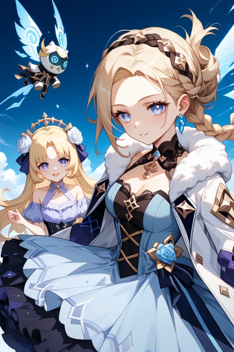 4 persons, one is a cool beauty, silverly blonde hair, waist-long hair, hair arrange like Abigail from FGO, middled parted bangs, rose-formed braid, light lilac eyes, dressed in the fur coat of fatui habingers from Genshin Impact, lilac dress, Electro Eye ...