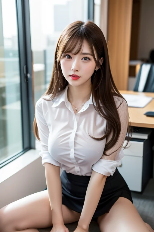  Japanese Young Woman 、business suit、white shirt、black miniskirt with deep slit、 brown hair、semi-long hair、Office Background、 red lips、 I'm putting my bangs down 、See-through shirt、full body camera、spread legs、big breasts、