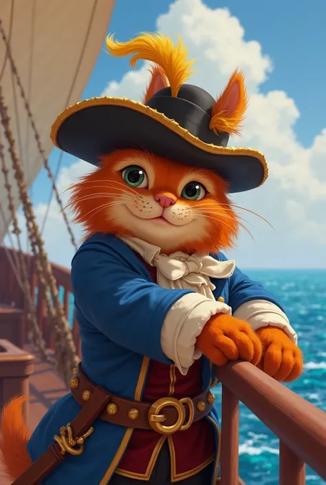 Disney picture that say "Puss in Boots" with Orange puss in boots wearing 1700s spanish clothing while leaning at the top railing of the ship heroically wearing a blue coat and rapier sword and hat with yellow feather