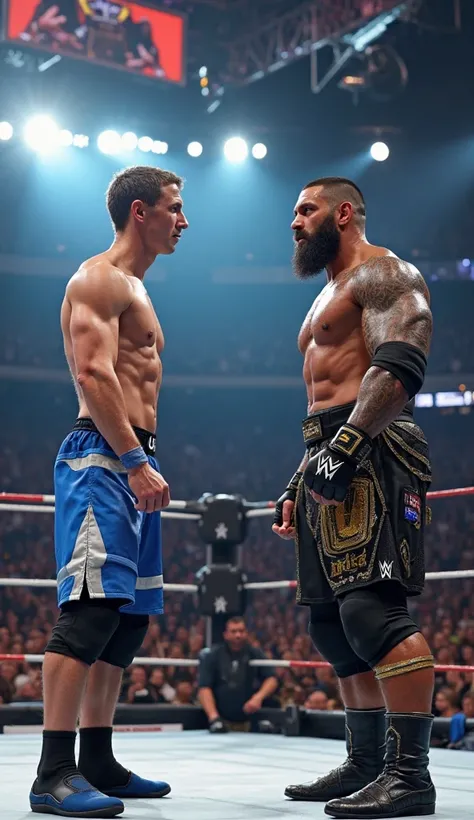 "A hyper-realistic image of Mark Zuckerberg standing inside a WWE ring, squaring off against Roman Reigns in an intense MMA fight. Zuckerberg, lean and focused, wears blue and white MMA shorts with the Meta logo, his fists wrapped as he takes a defensive s...