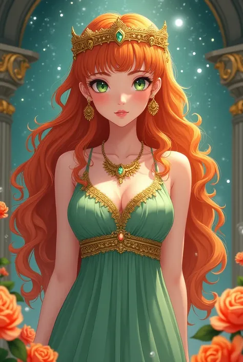 Create an image in the style of Korean manwha fanart anime with a very beautiful woman of 35 years old, green eyes and a lot of very long hair, very curly orange with bangs on her face with a little freckles on her cheeks, with a very voluptuous body and v...