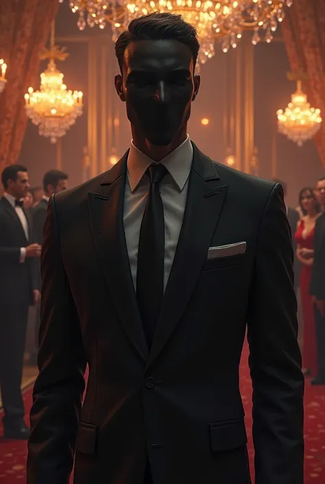 A charity gala murder mystery booklet animation the guy who killed is wearing a black suit and we can't see his face