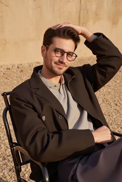 A stylish young moroccan man with a relaxed posture, witha square shaoe face, short dark brown hair, dark brown eyes, with goatee, wearing black round glasses, smiling, reclining on a black metal chair in an outdoor setting with rocky ground. He wears a bl...