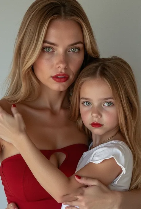 A very hot blonde beautiful mother of Scandinavian origin with big beautiful breasts carrying her daughter of age 4. Both wearing red hot lipstick. Both staring at the camera. 8K resolution and quality.