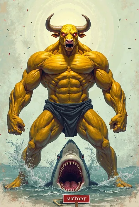 STANDING LIKE A HUMAN. His body is yellow, his eyes are red COLOR A muscular bull KILLS and eats a Shark. There will be a victory sign at the front