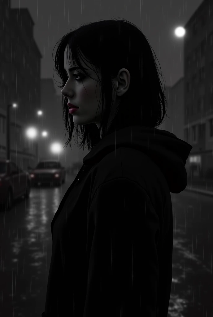  draw a woman in the middle of the night with rain in black and white color