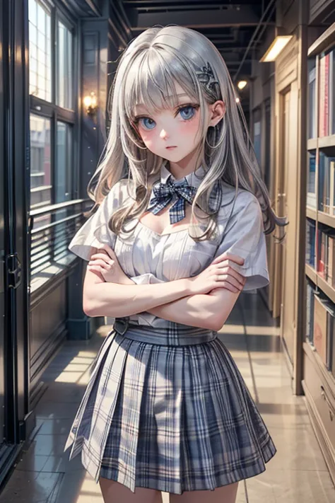 (masterpiece),(Highest quality:1.2),((perfect anatomy)),(( cross your arms around your back)),(1 girl),(flat chest),Highest quality,(royal blue white plaid mini skirt:1.3),( Sheer White Knit Clothes ),( long silver hair), beautiful detailed blue eyes ,(bea...