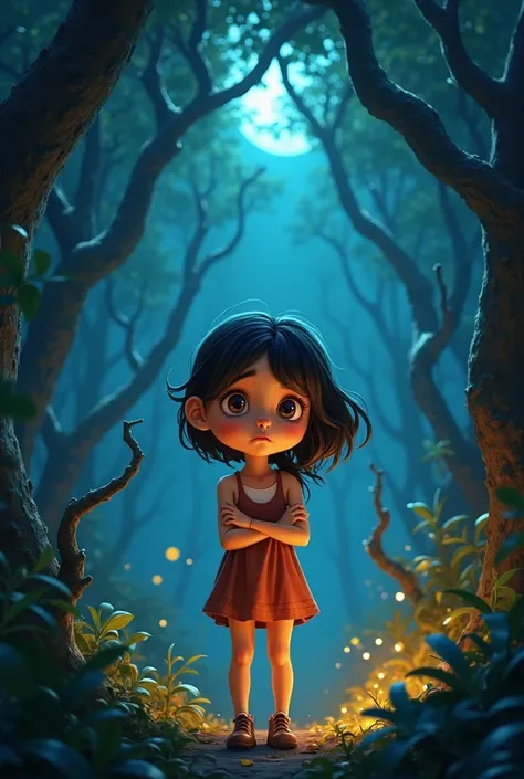 Pixar brown girl about 8- who is scared and finds herself in the woods in the dark