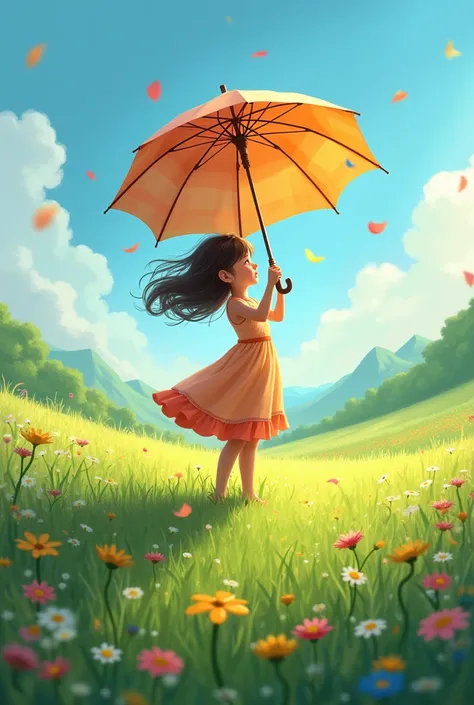 Girl spreads her umbrella in the middle of the meadow